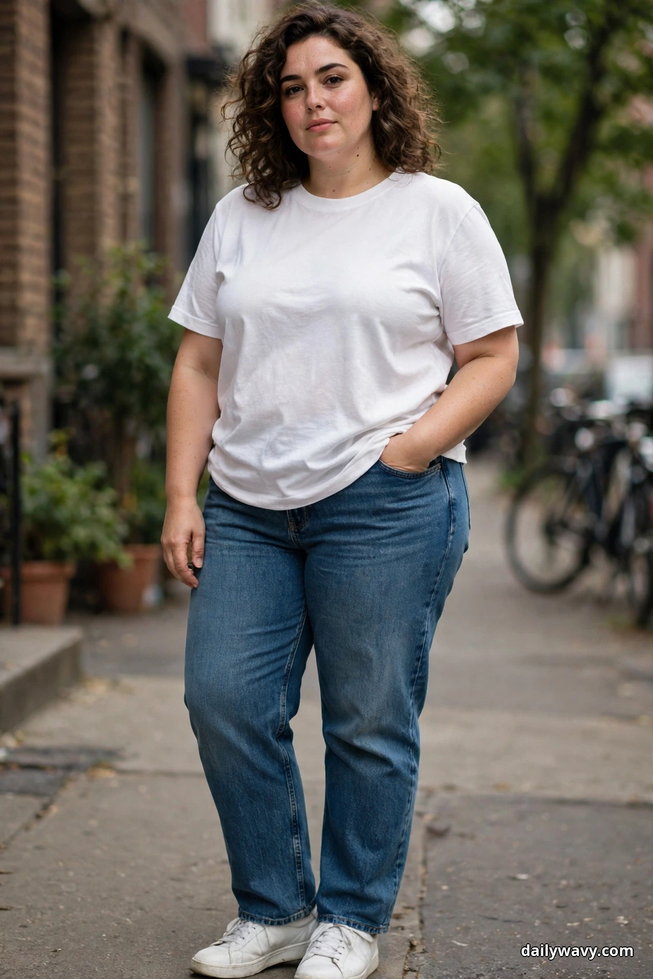 A woman stands on a city sidewalk with one hand in her pocket wearing a plain white T-shirt half-tucked into medium-wash straight-leg jeans, with white sneakers