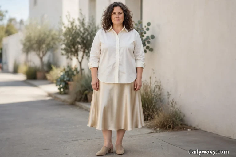 A woman stands full length on a paved path beside a cream wall wearing an ivory button-up shirt with rolled sleeves over a champagne satin A-line midi skirt, with beige block-heel mules
