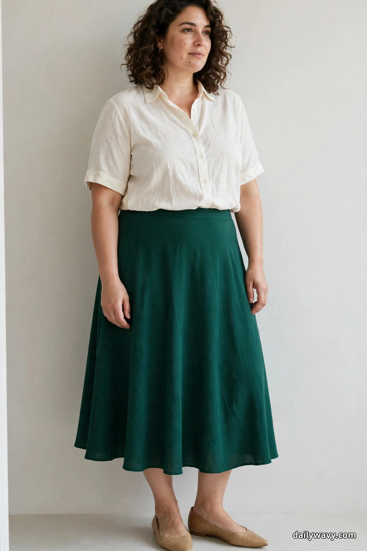 A plus-size woman stands against a plain light wall wearing an ivory short-sleeve button-front blouse with cuffed sleeves tucked into an emerald A-line crepe midi skirt, with tan pointed flats