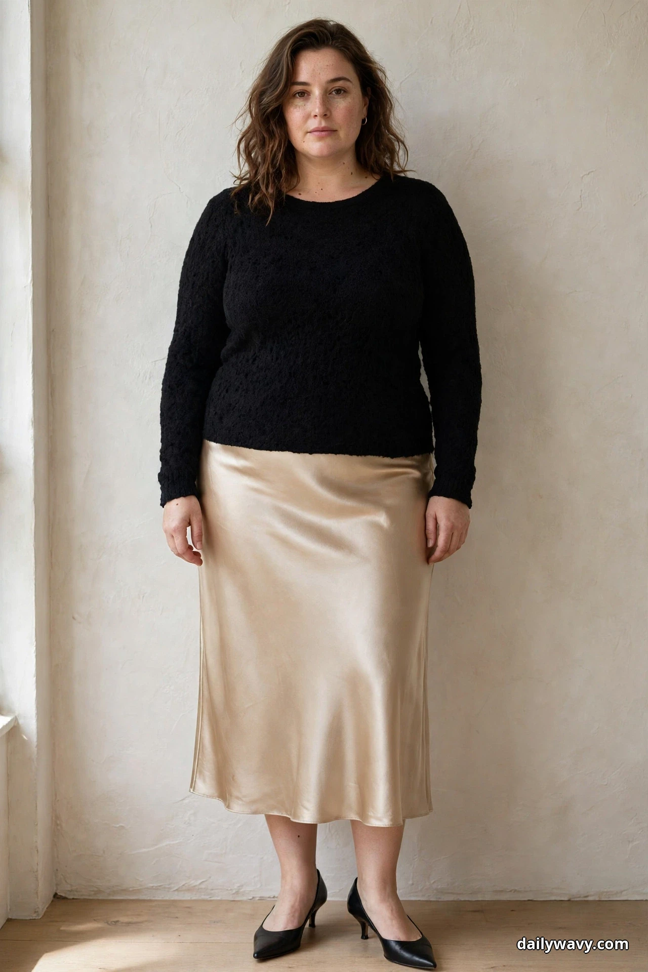 A plus-size woman stands against a textured wall wearing a black textured lace-look long-sleeve knit top with a champagne satin midi skirt and black pointed kitten heels