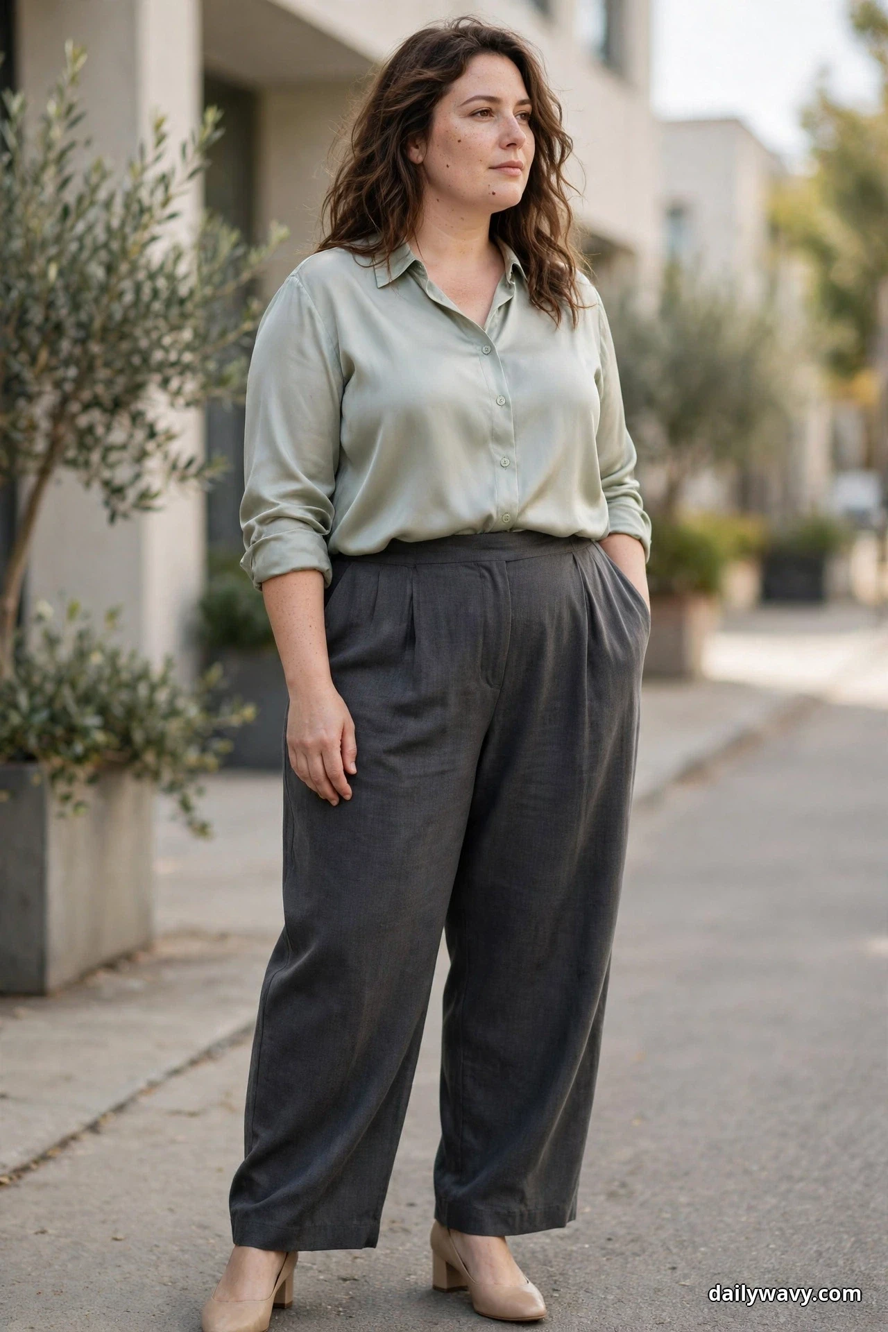 A plus-size woman stands on a city sidewalk wearing a pale sage silk-look button shirt with the sleeves rolled to the forearm, tucked into charcoal relaxed wide-leg trousers, with nude block heels