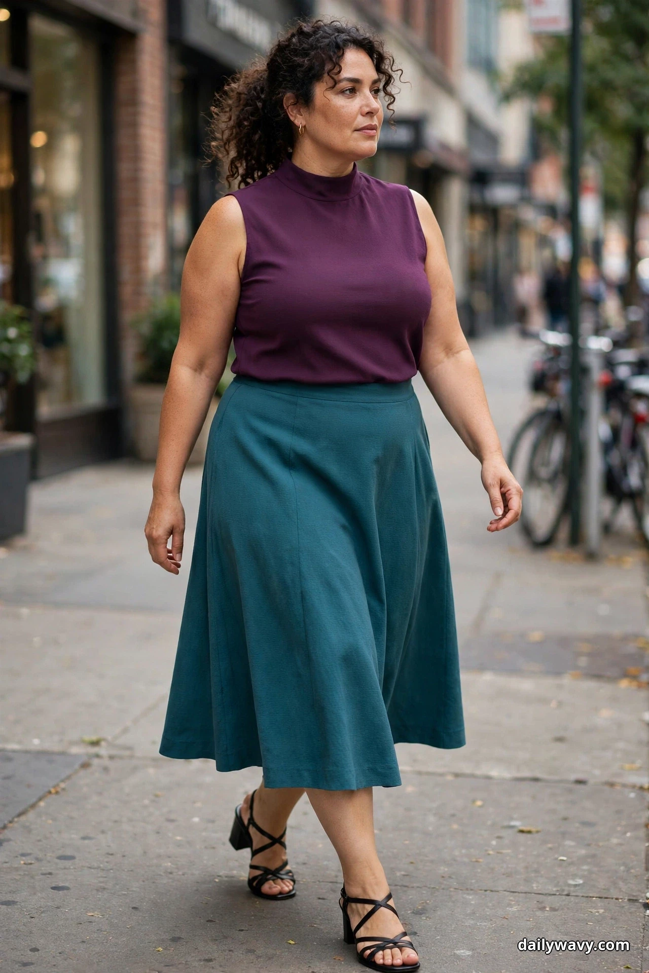 A plus-size woman walks along a city sidewalk wearing a plum sleeveless mock-neck top tucked into a teal A-line midi skirt, with black strappy block-heel sandals