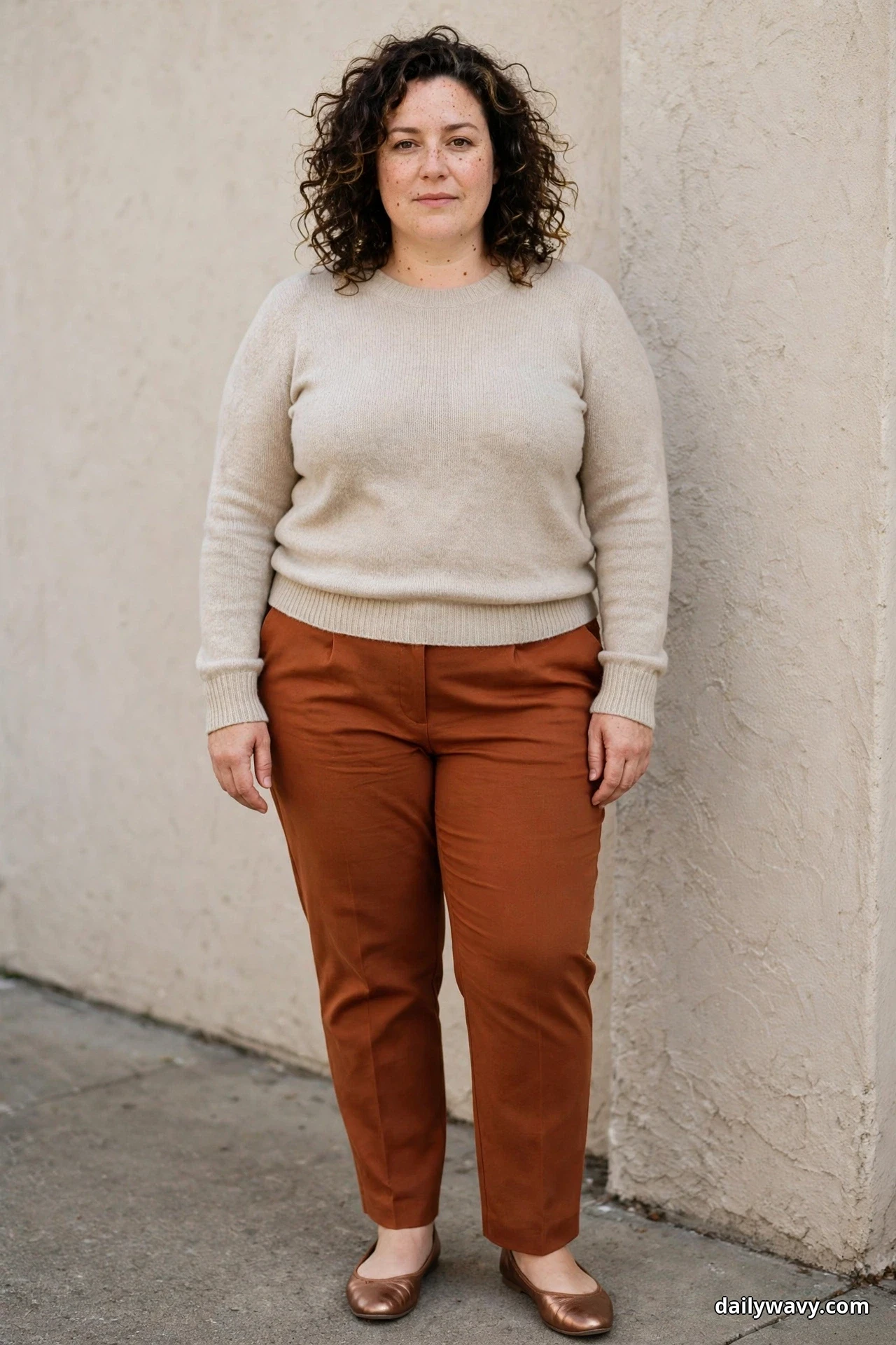 A plus-size woman stands against a textured wall wearing an oatmeal crewneck knit with rust straight tailored trousers and bronze flats