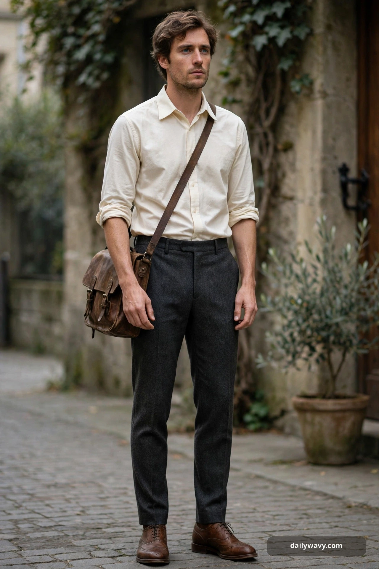 Adult wearing collared shirt with tailored trousers and the defining detail for poetcore outfits