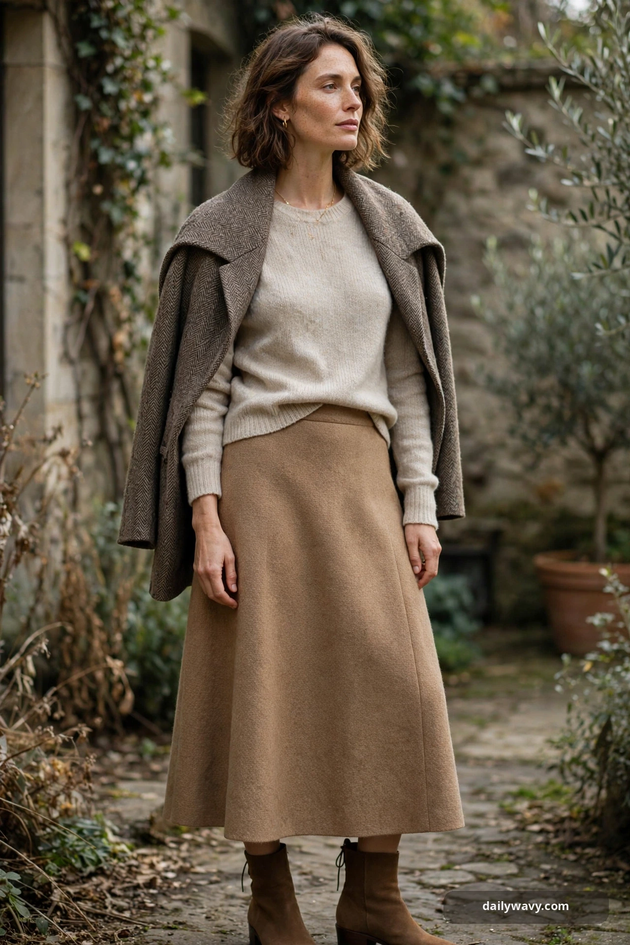 Adult wearing fine knit with a midi skirt and the defining detail for poetcore outfits