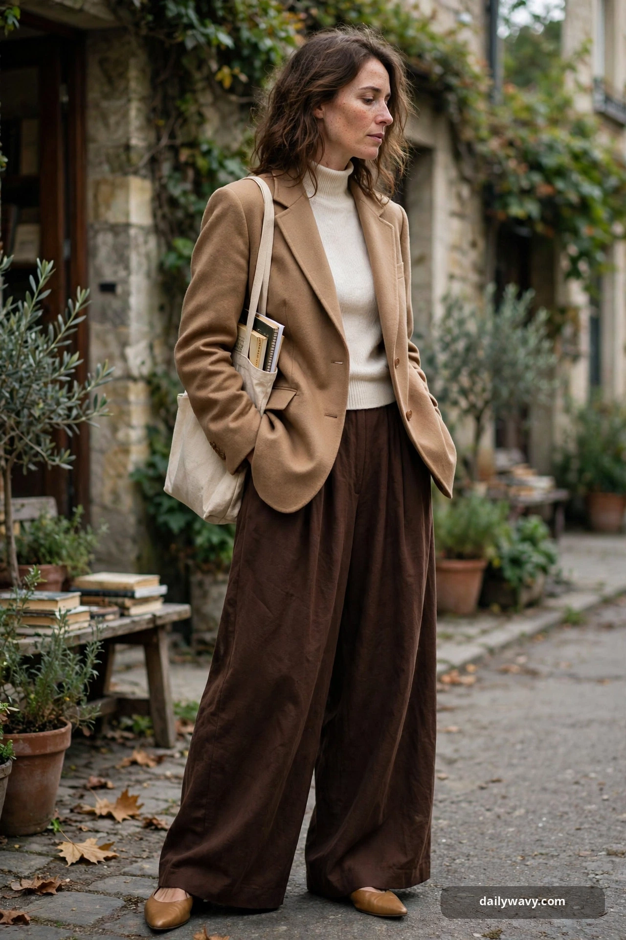 Adult wearing structured blazer with wide trousers for poetcore outfits