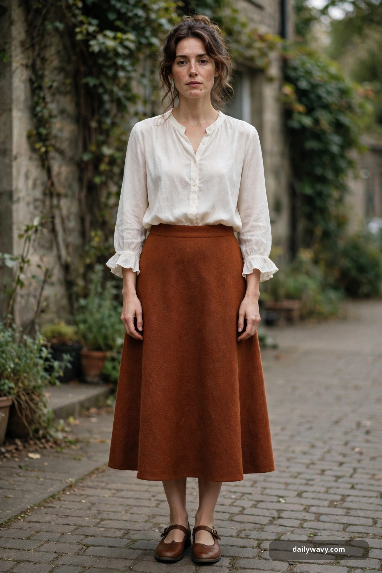 Adult wearing soft blouse with an a-line skirt for poetcore outfits
