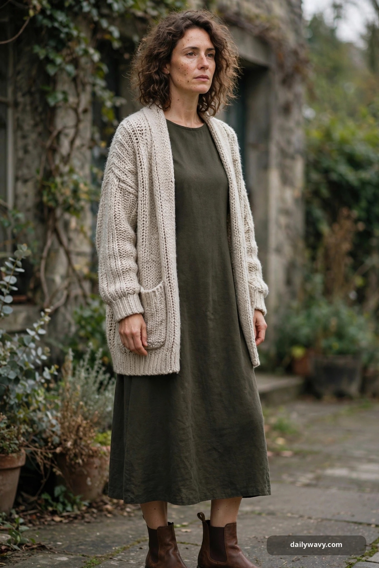 Adult wearing cardigan with a plain midi dress for poetcore outfits