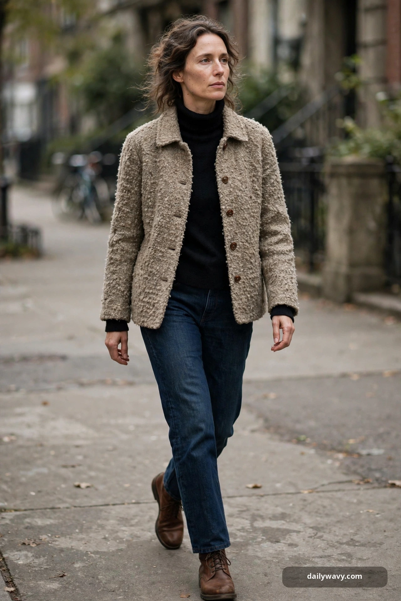 Adult wearing turtleneck with a textured jacket for poetcore outfits