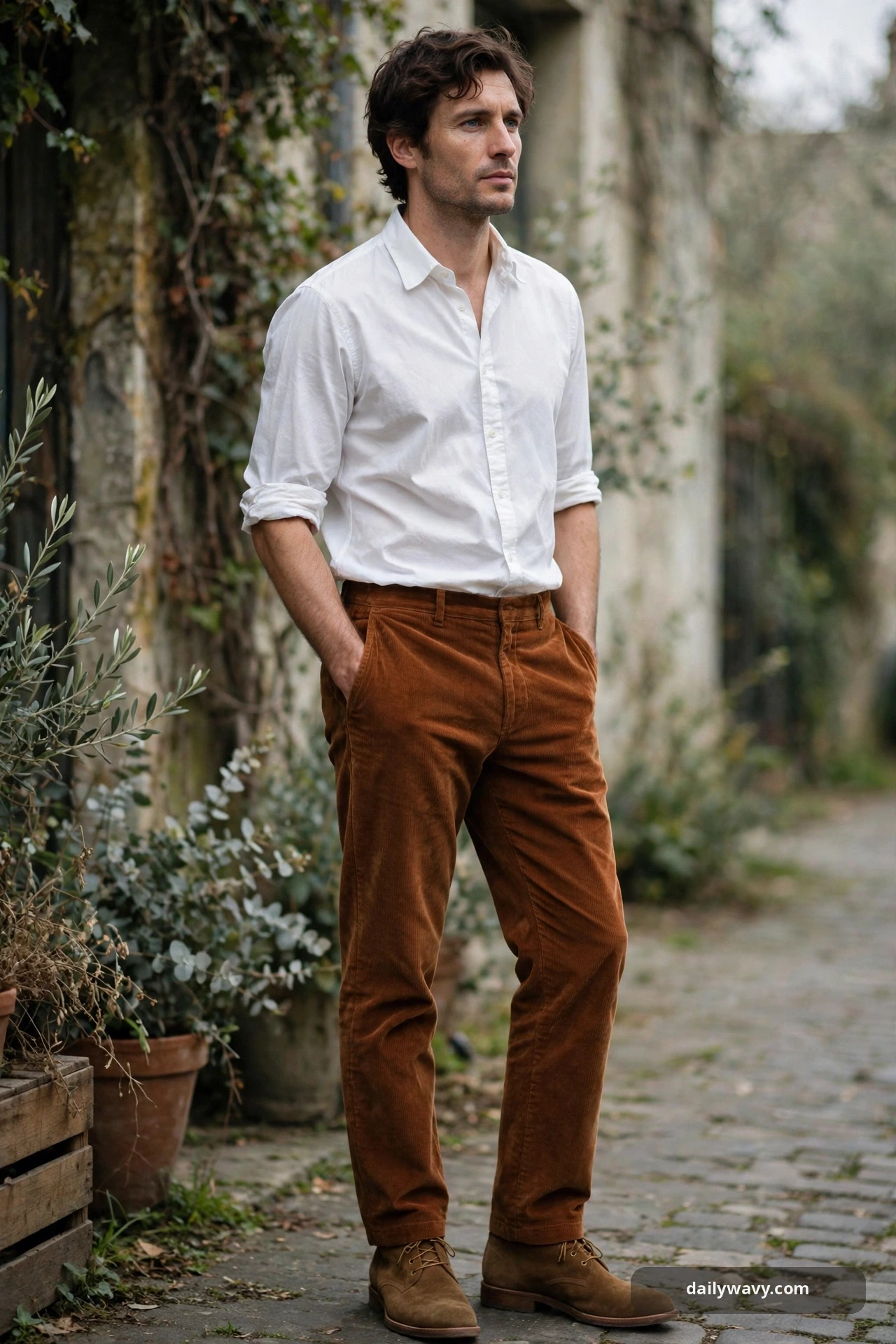 Adult wearing cotton shirt with corduroy trousers for poetcore outfits