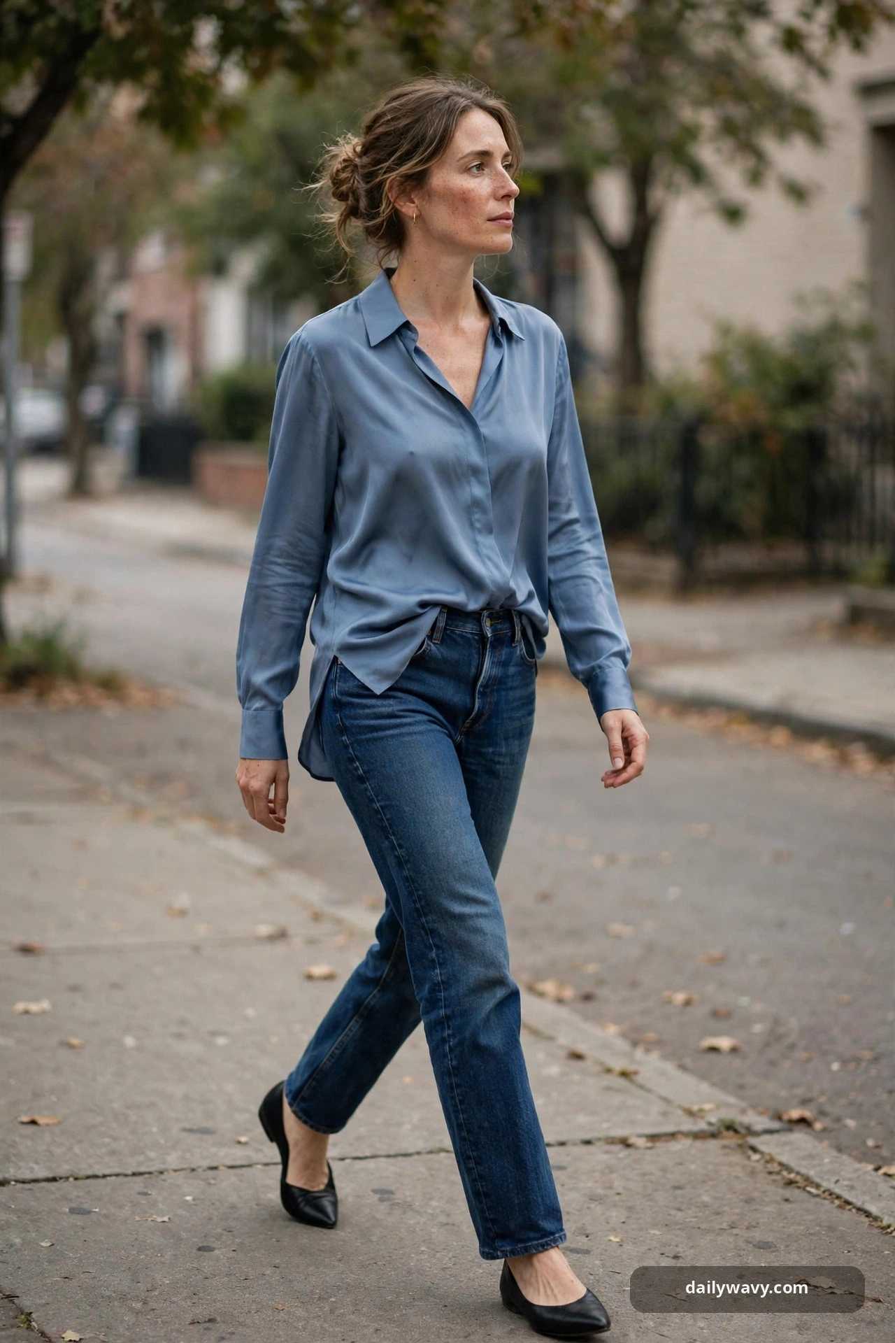 Adult wearing silk-look blouse with dark denim for poetcore outfits