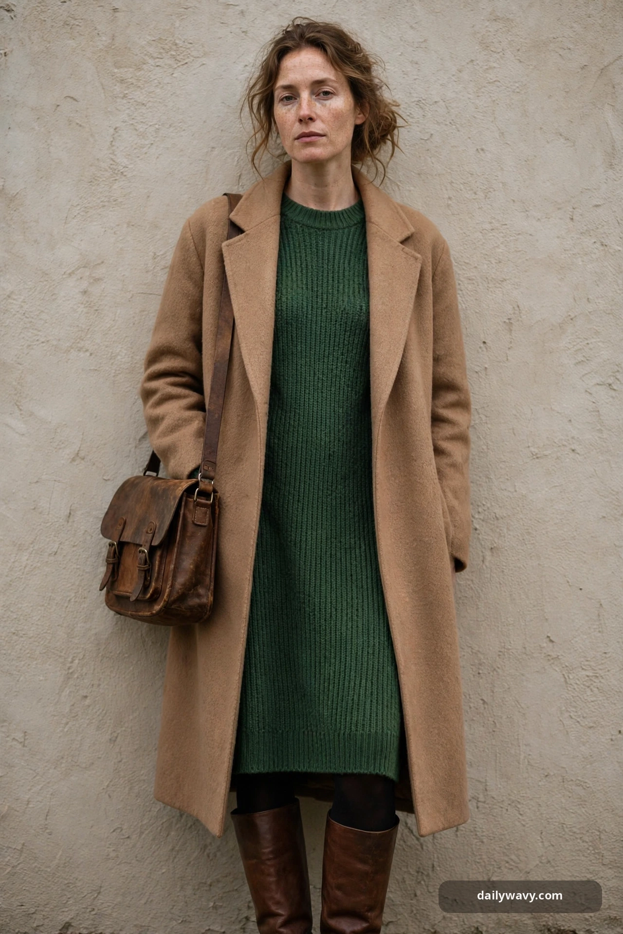 Adult wearing simple dress with a long coat for poetcore outfits