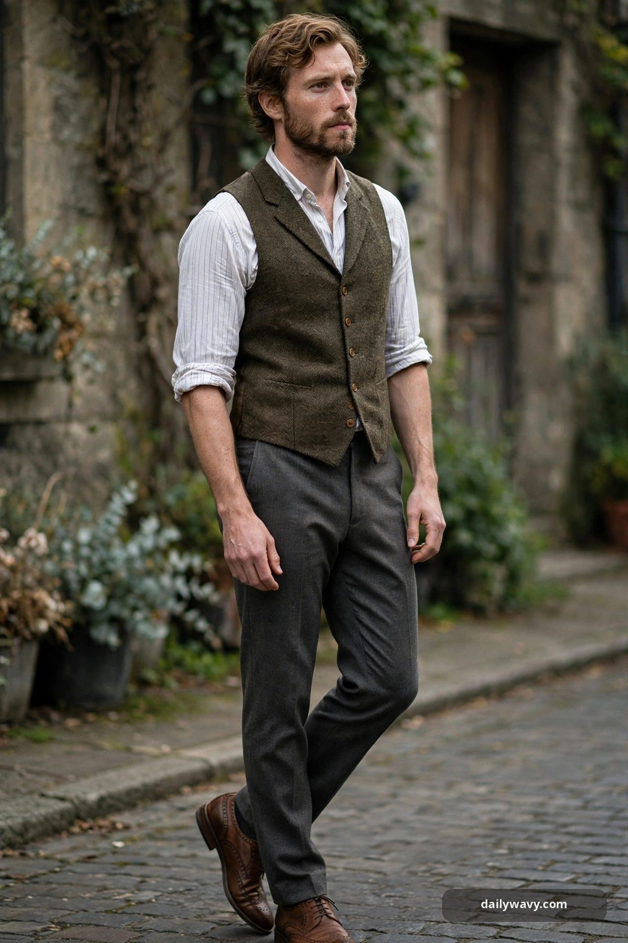 Adult wearing buttoned vest over a shirt for poetcore outfits