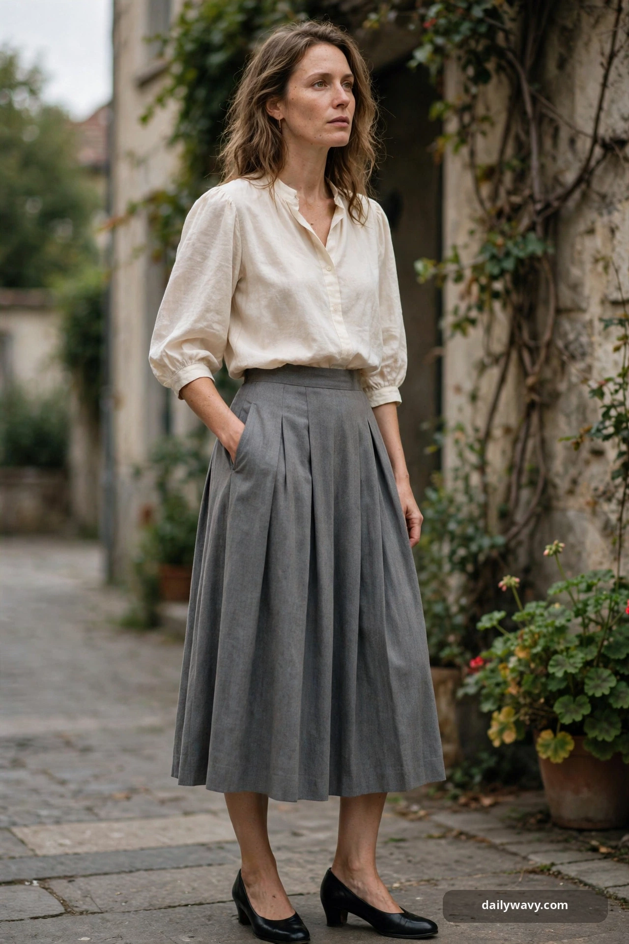 Adult wearing soft blouse with a pleated skirt for poetcore outfits