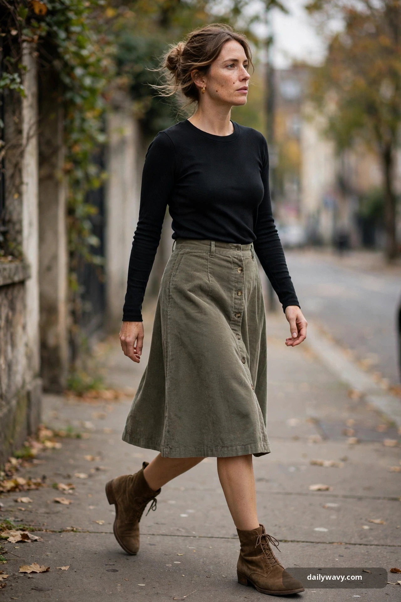 Adult wearing plain top with a vintage-inspired skirt for poetcore outfits
