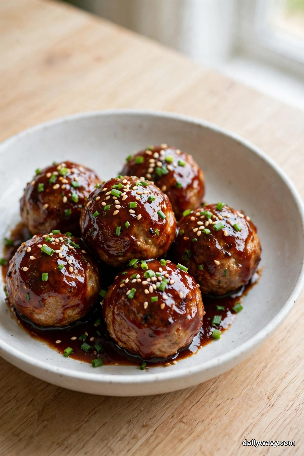 A shallow bowl holds pork meatballs coated in a glossy dark red barbecue glaze on a wooden table in window light