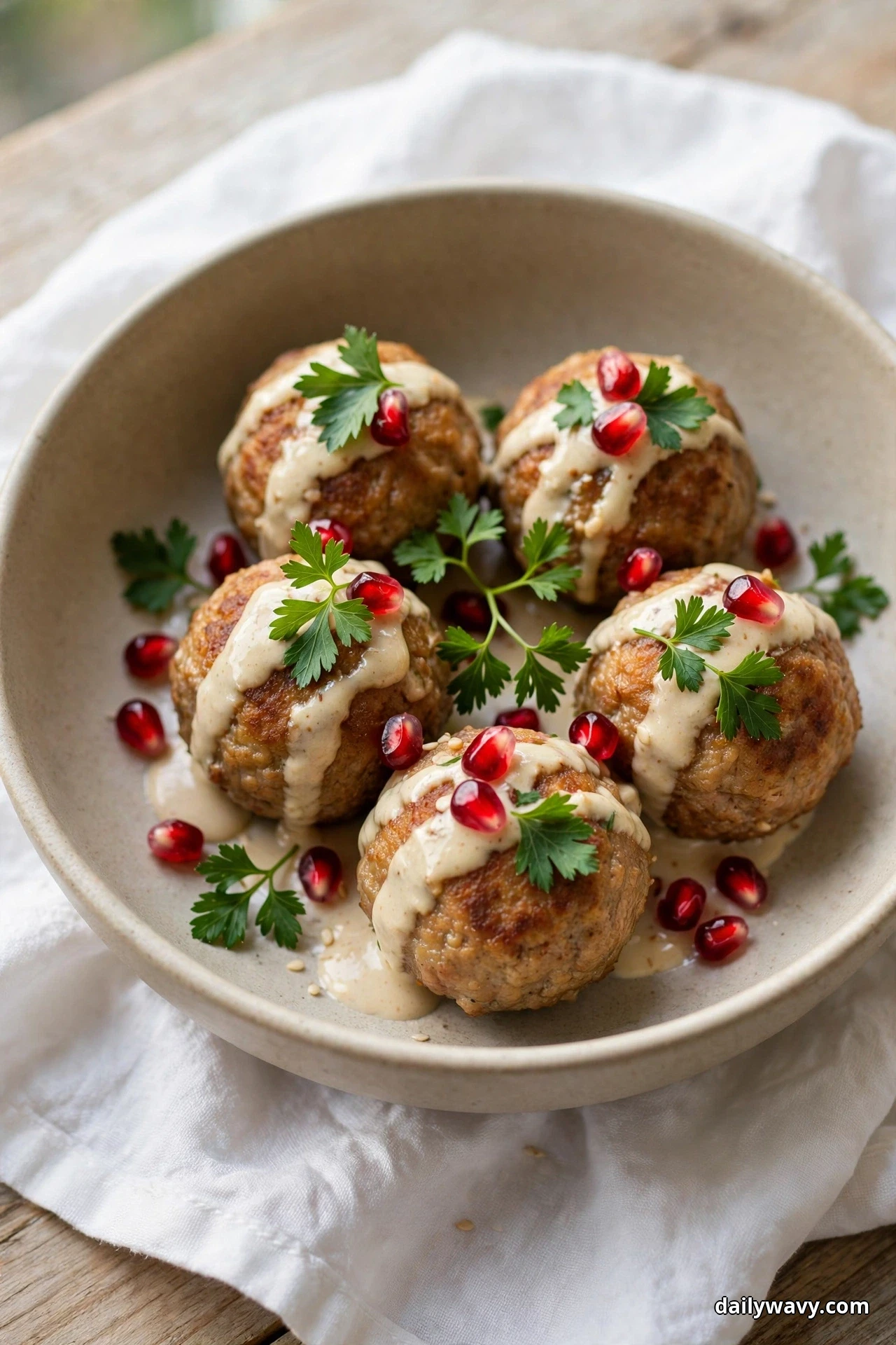 A shallow bowl holds pork meatballs drizzled with creamy tahini dressing and scattered with pomegranate seeds and parsley leaves on a white cloth