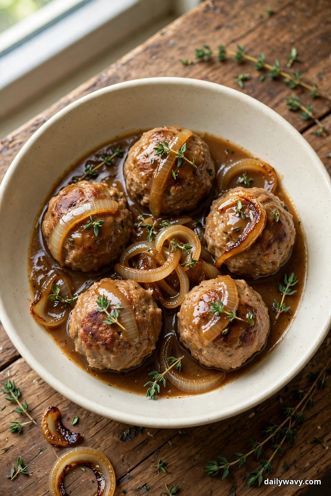 A cream bowl holds pork meatballs in a brown onion gravy with caramelized onion slices on a rustic wooden table beside a window