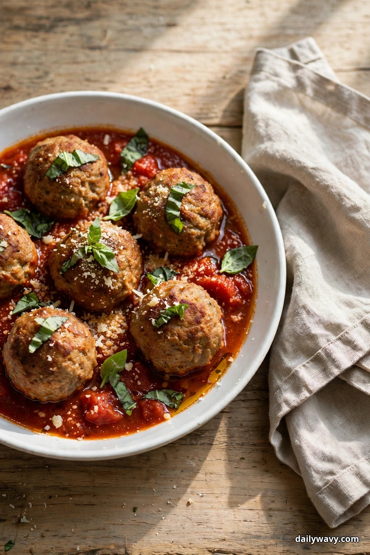 A white bowl holds pork meatballs in a chunky red tomato basil sauce topped with torn basil leaves on a rustic wooden table beside a linen napkin