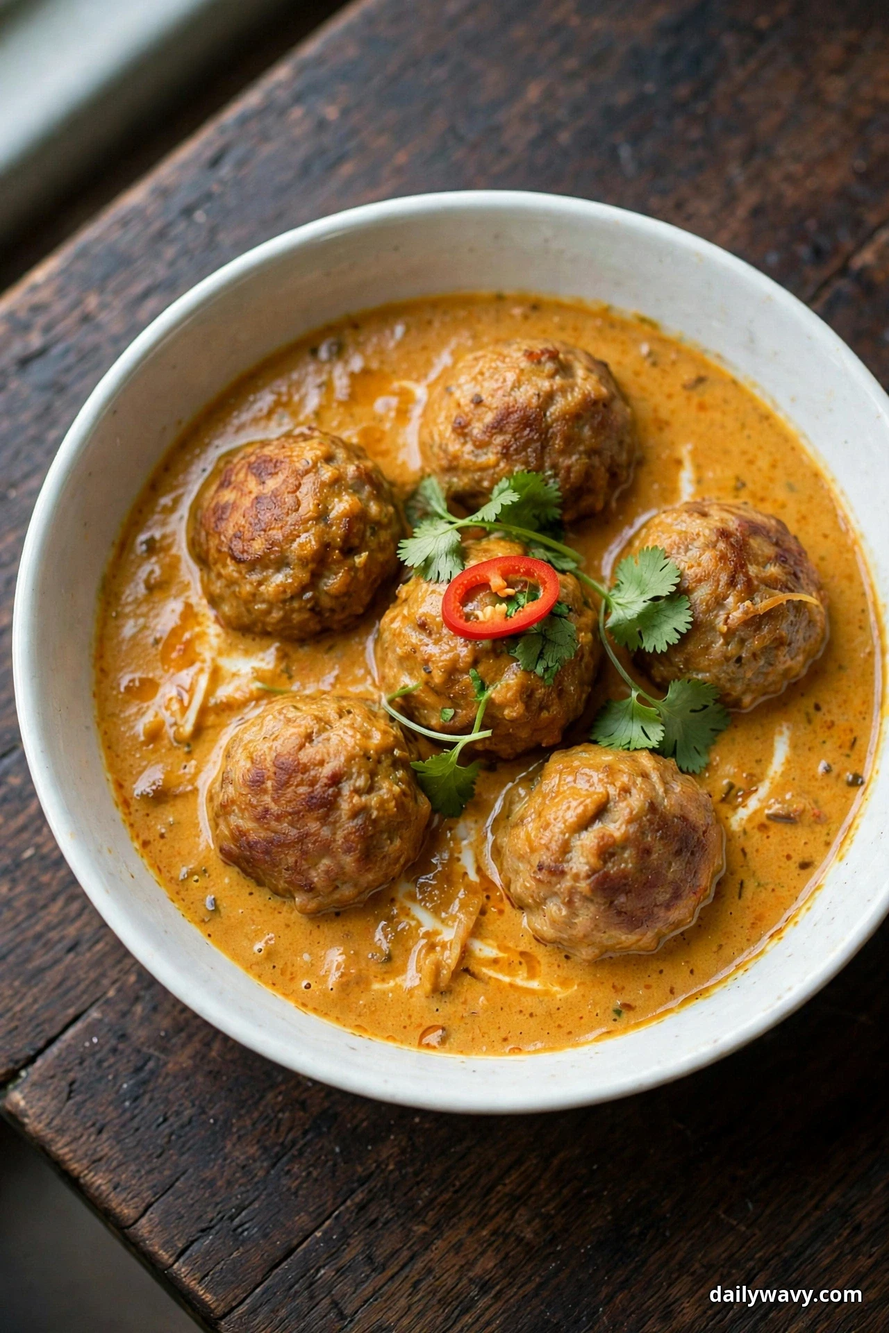 A white bowl holds pork meatballs in a golden-orange coconut curry sauce garnished with cilantro leaves on a dark wooden table