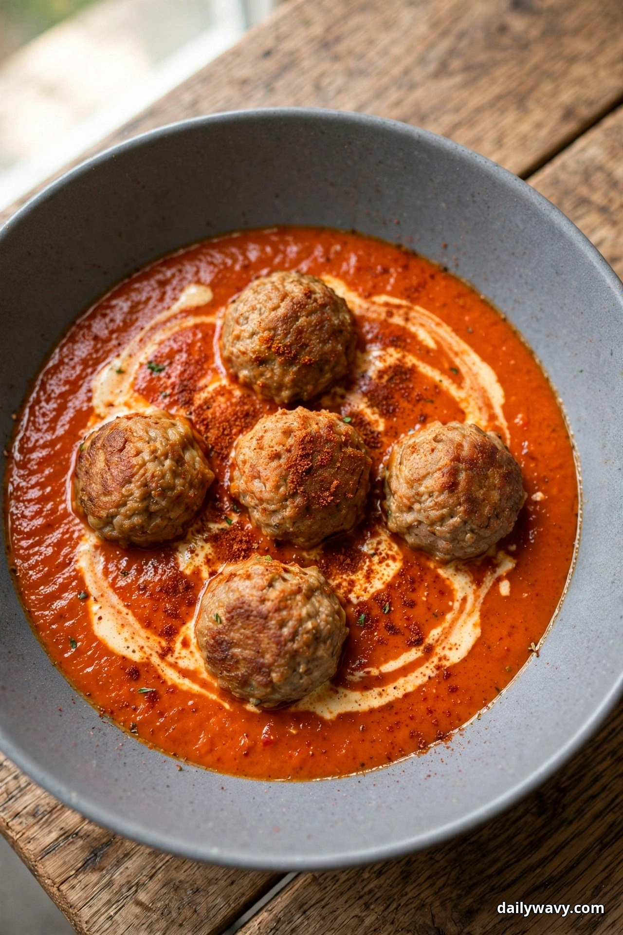 Seen from above, a gray bowl holds pork meatballs in a smooth red-orange roasted pepper sauce with a swirl of cream on a wooden table
