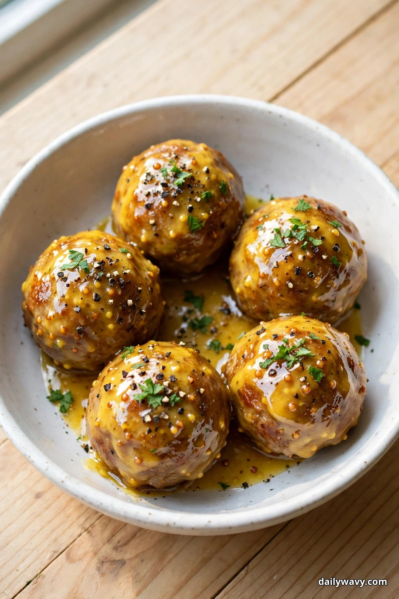 A white bowl holds pork meatballs coated in a glossy golden honey mustard glaze on a light wooden table