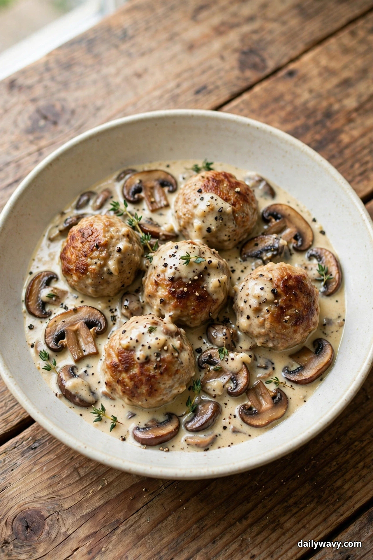A cream bowl holds pork meatballs in a creamy garlic mushroom gravy with sliced browned mushrooms on a rustic wooden table