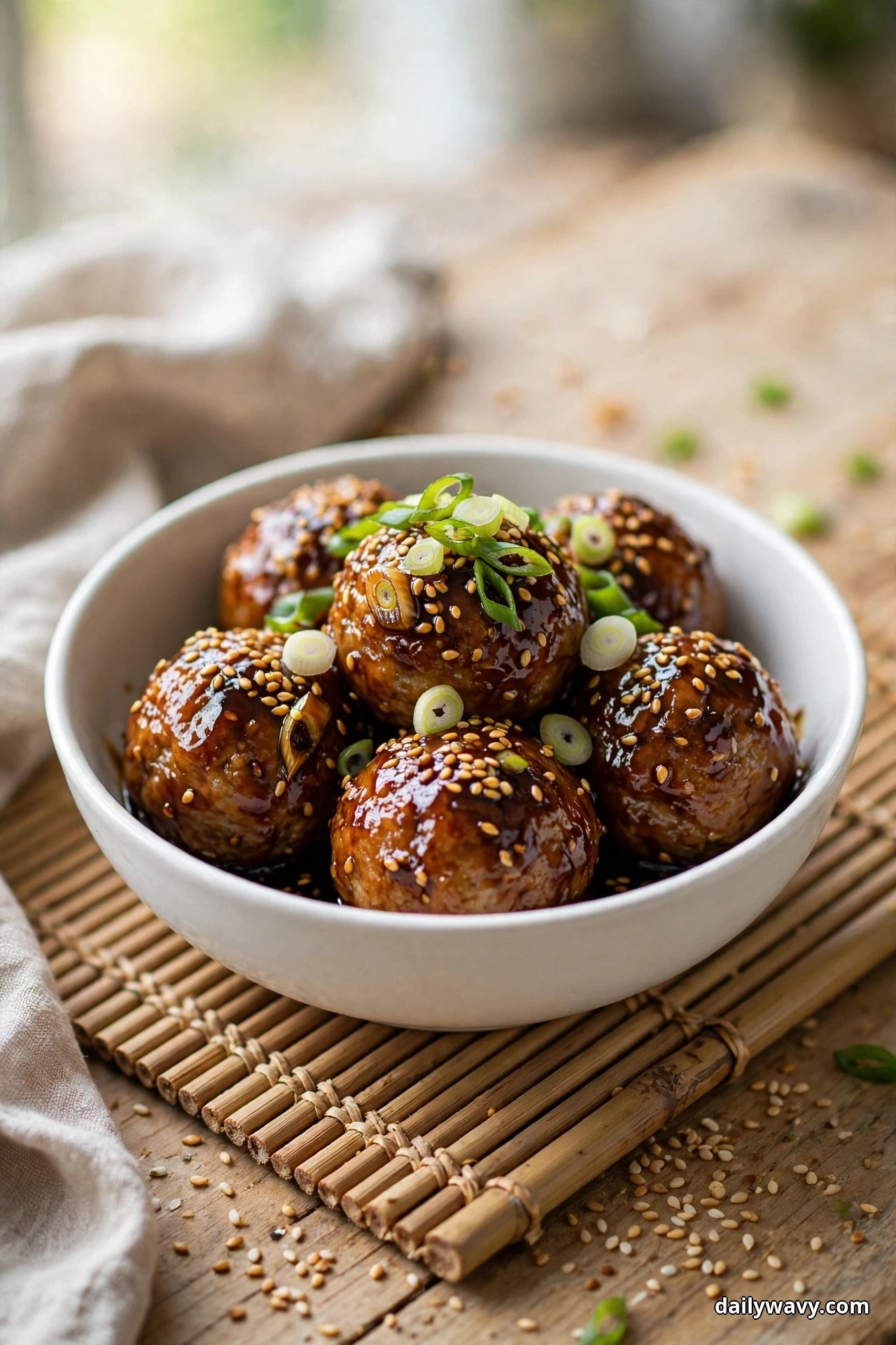 A white bowl holds pork meatballs in a dark glossy sesame ginger glaze topped with sesame seeds and sliced scallions, resting on a bamboo mat