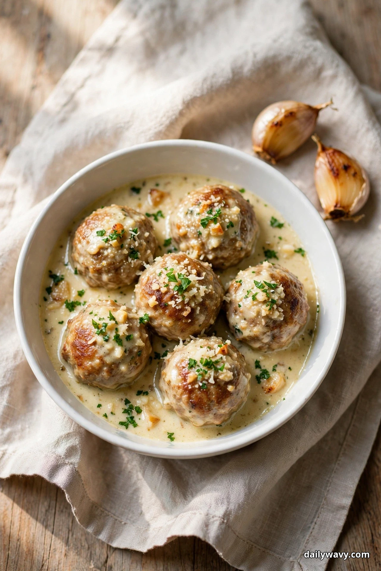 Seen from above, a white bowl holds pork meatballs in a creamy roasted garlic sauce sprinkled with grated Parmesan, with two roasted garlic bulbs beside the bowl on a linen cloth