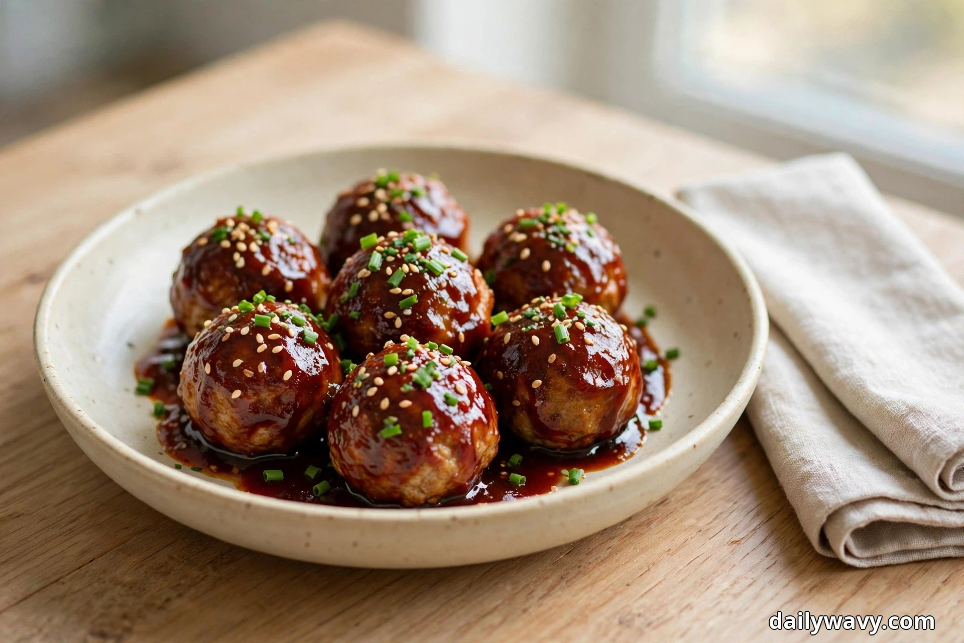A shallow cream bowl holds pork meatballs coated in a glossy dark red glaze on a wooden table beside a folded linen napkin in window light