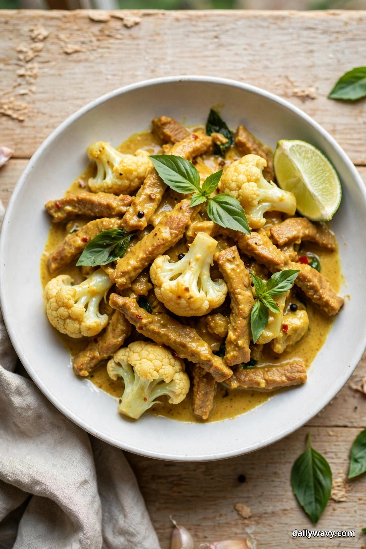 A white bowl of pork strips and cauliflower florets in a golden curry sauce is topped with fresh basil leaves and a lime wedge on a rustic wooden table