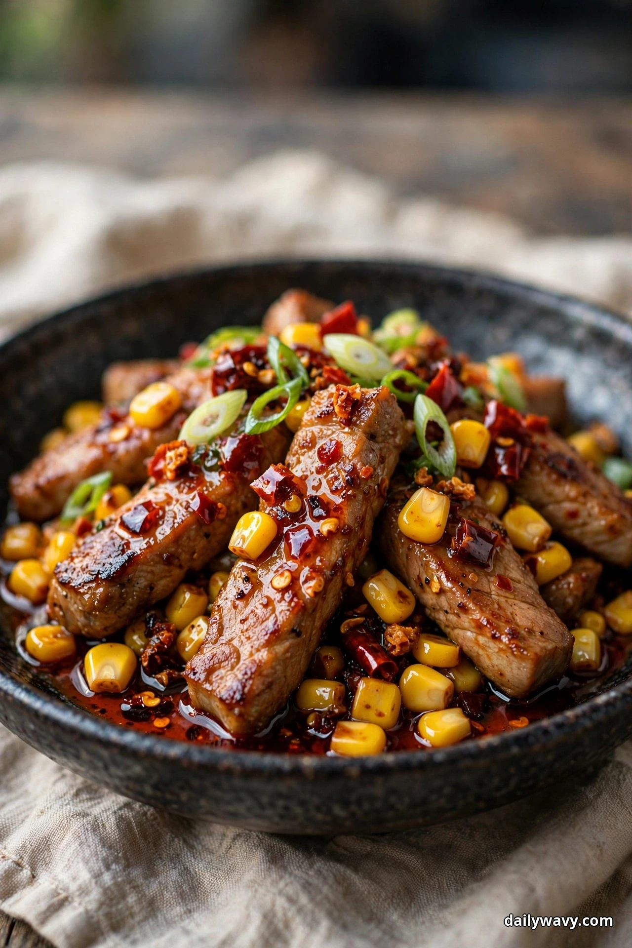A dark bowl of seared pork strips and corn kernels in red chili crisp oil is topped with chili flakes and sliced scallions