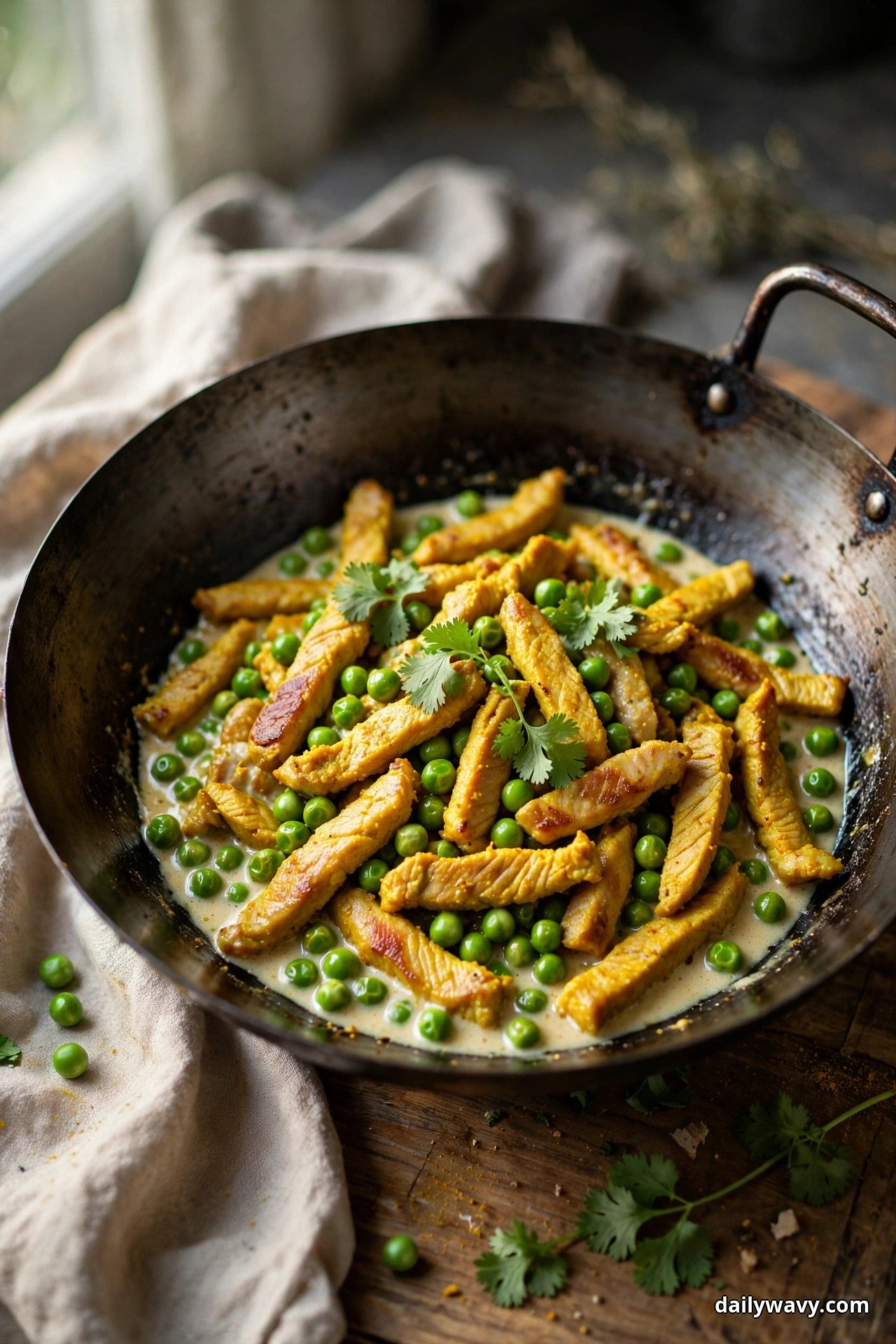 A dark wok holds golden turmeric pork strips and green peas in a creamy coconut sauce topped with cilantro leaves, with loose peas scattered on the linen beside it