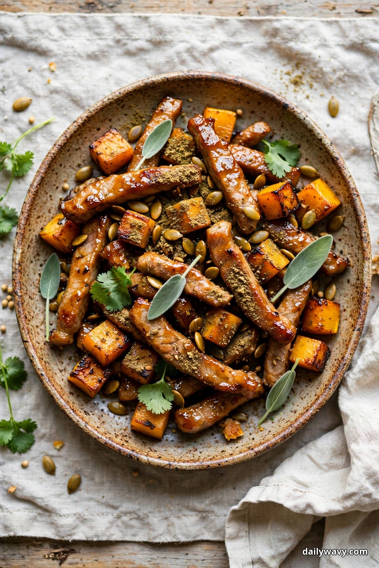 An overhead rustic dish of glossy pork strips and caramelized butternut squash cubes is scattered with pepitas, sage leaves and a dusting of ground coriander on a linen cloth