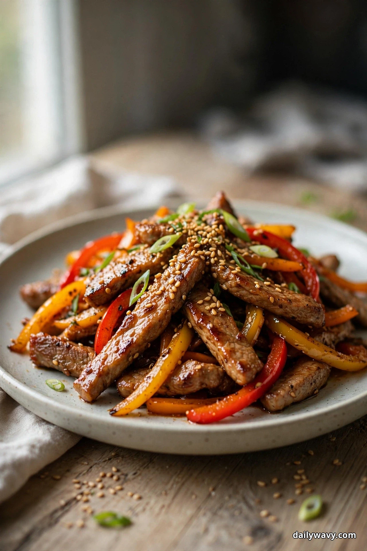 A plate of glazed pork strips and red, yellow and orange bell pepper strips is covered with sesame seeds and sliced scallions on a wooden table by a window