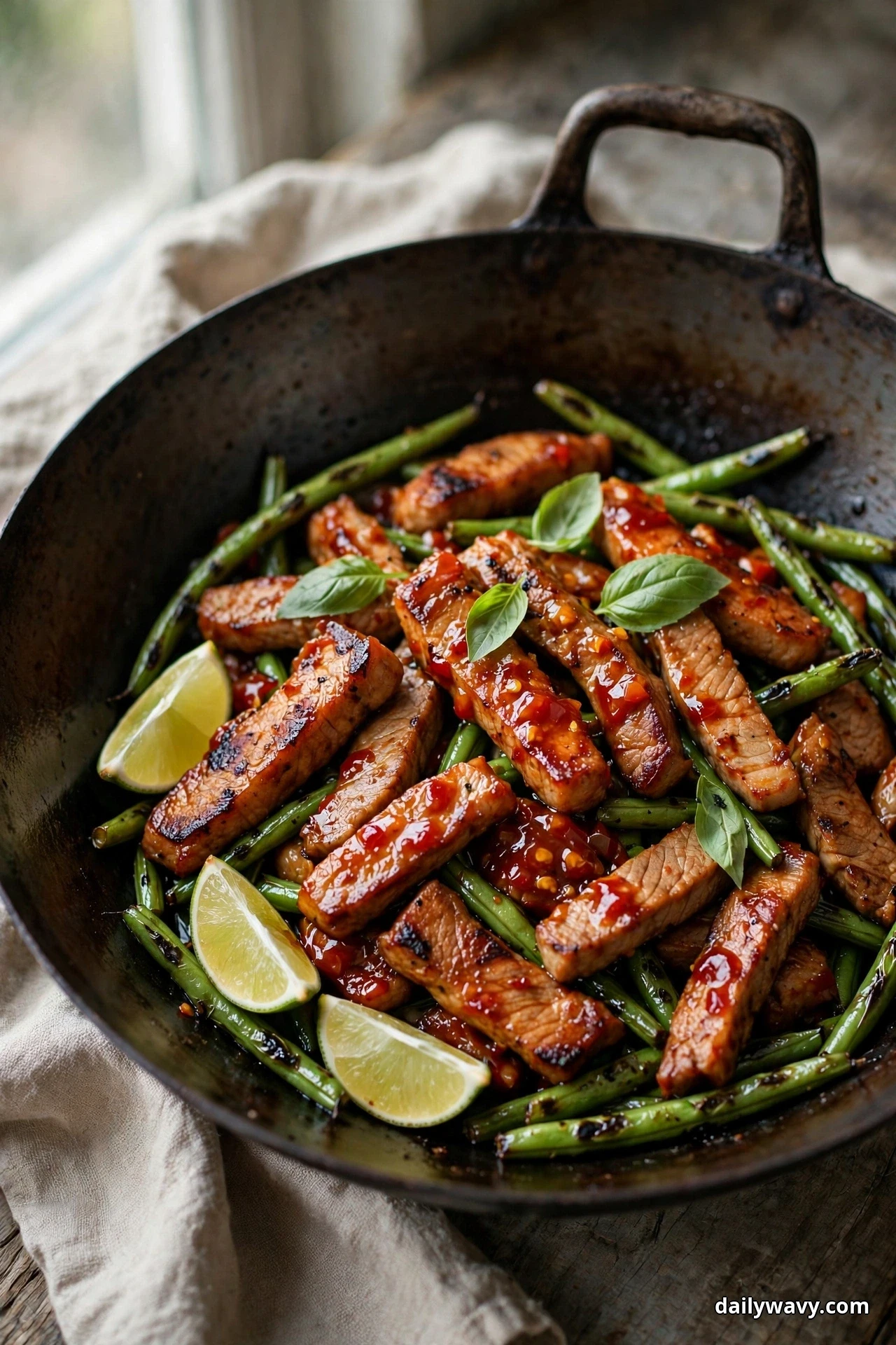 A dark wok holds pork strips glazed in red sweet chili sauce with blistered green beans, basil leaves and lime wedges by a window