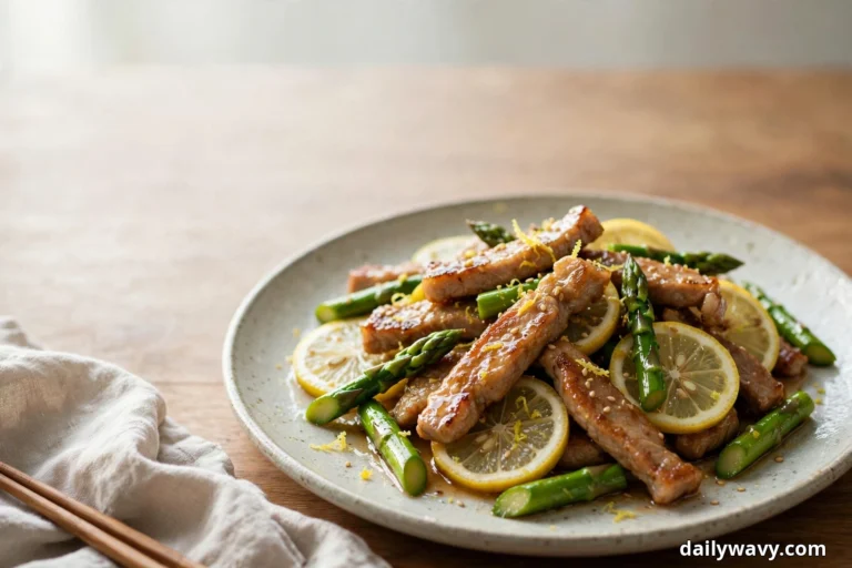 A shallow speckled plate of seared pork strips, asparagus pieces and lemon slices scattered with lemon zest and sesame seeds sits on a wooden table beside a linen napkin and chopsticks