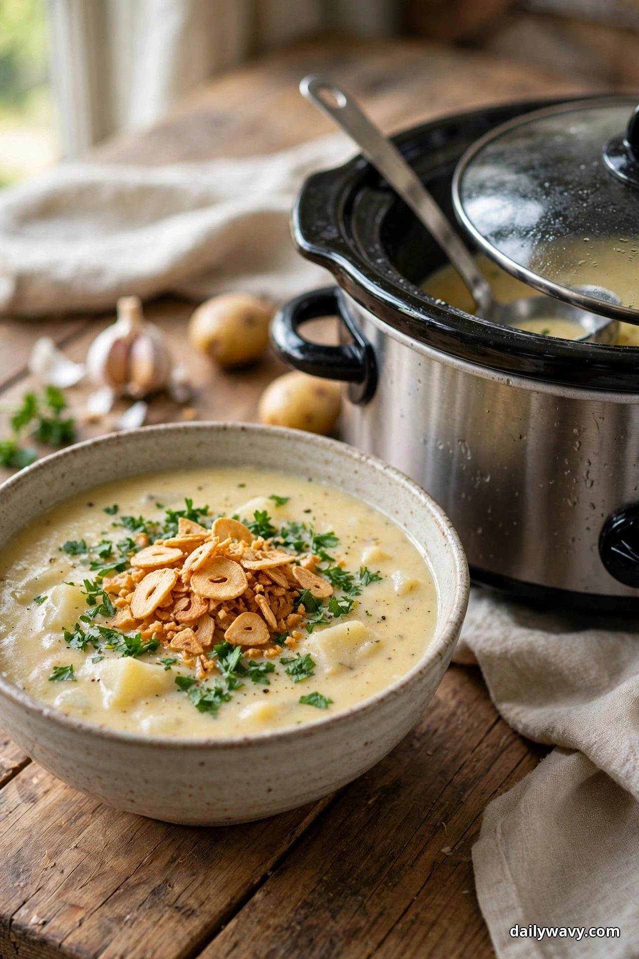A bowl of creamy potato soup piled with golden garlic chips and chopped parsley sits on a wooden table beside a slow cooker with its glass lid propped open and a ladle inside