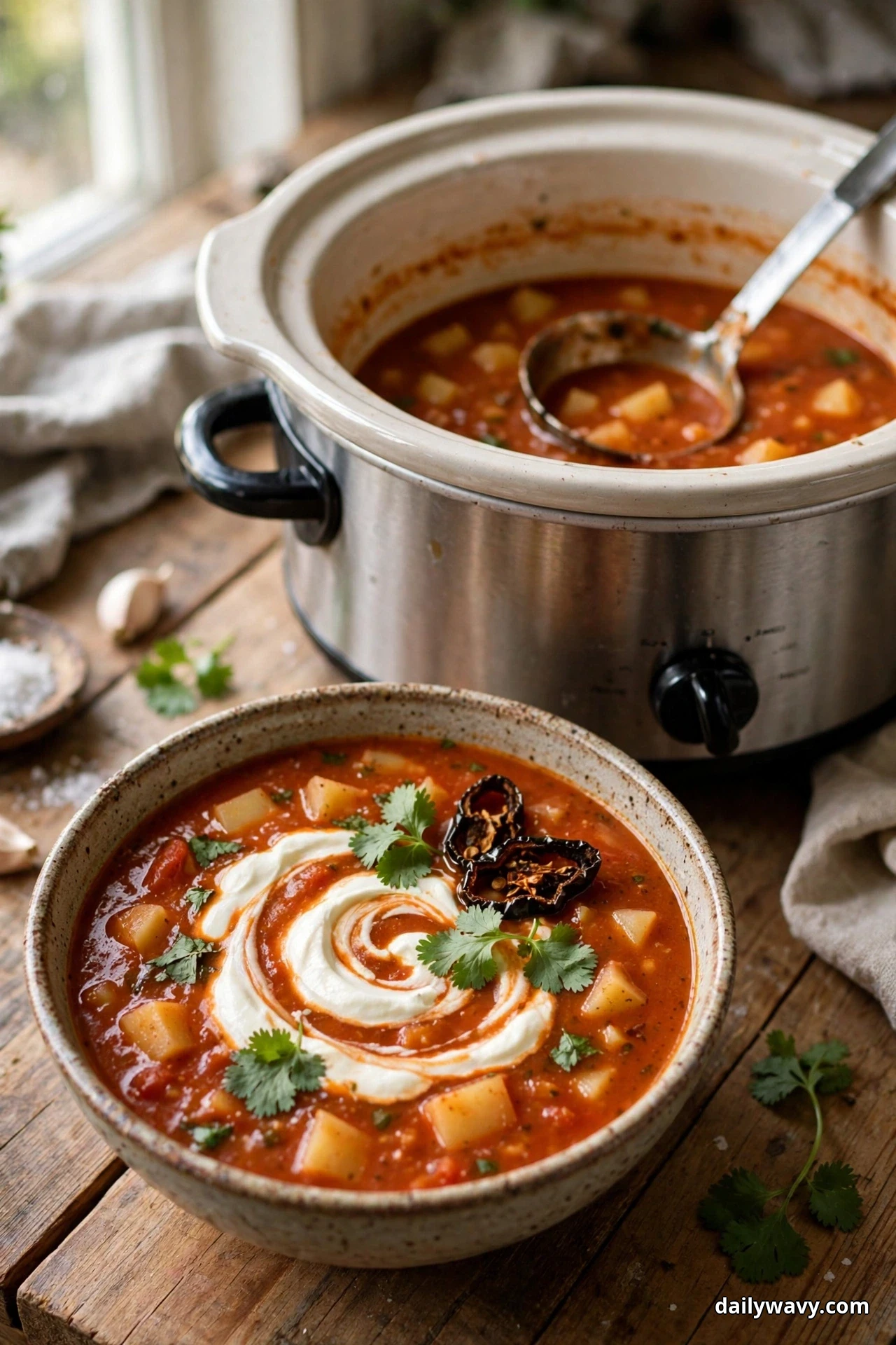 A bowl of red chipotle tomato potato soup with potato chunks, a sour cream swirl, cilantro leaves and dried chipotle peppers sits on a wooden table in front of a slow cooker holding more of the soup
