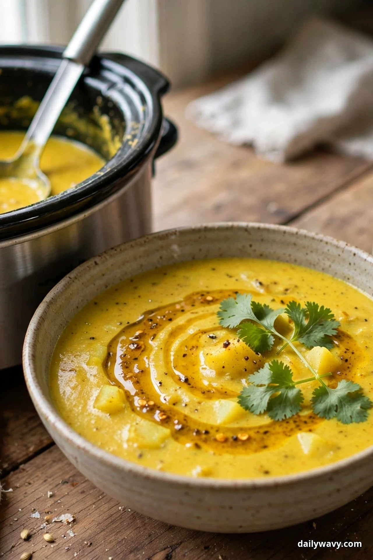 A bowl of golden curry potato soup with tender potato chunks and a fresh cilantro sprig sits on a wooden table in front of a slow cooker of the same soup