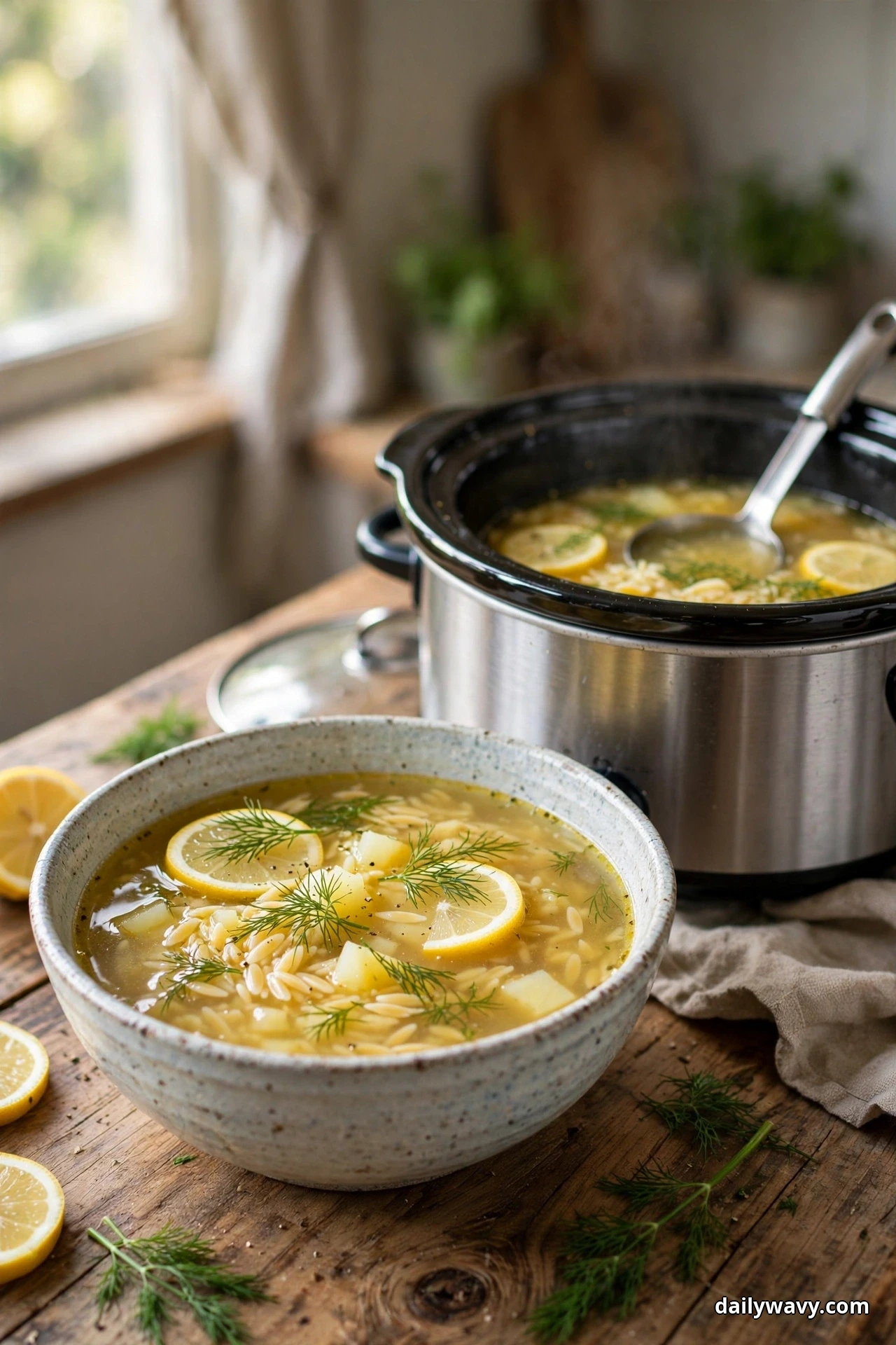 A bowl of brothy lemon potato soup with orzo, potato chunks, lemon slices and fresh dill sits in front of a slow cooker of the same soup, with lemon halves and dill scattered on the wooden table