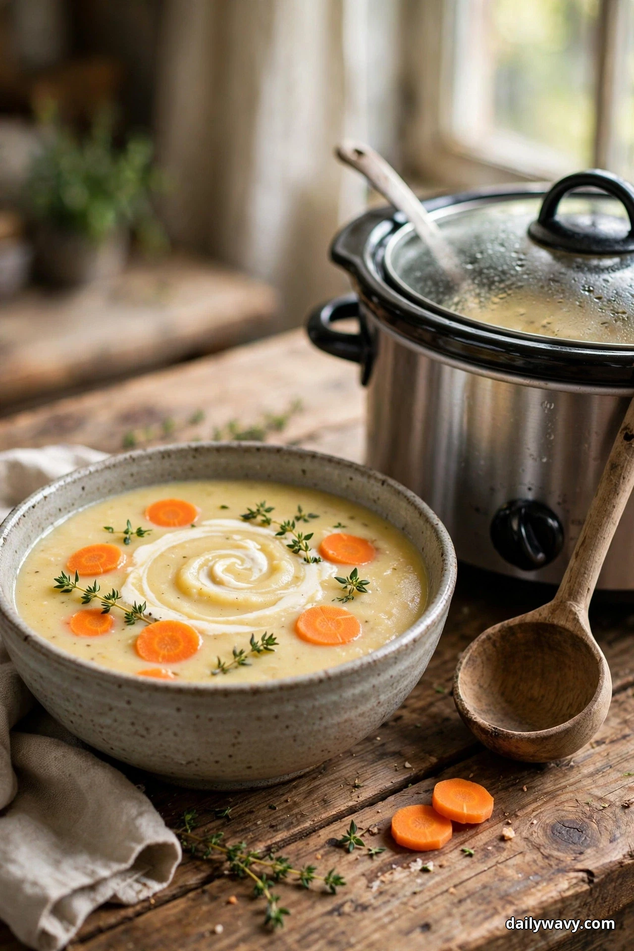 A bowl of smooth potato and carrot soup topped with carrot coins and fresh thyme sprigs sits beside a wooden ladle on a wooden table, with a lidded slow cooker behind it