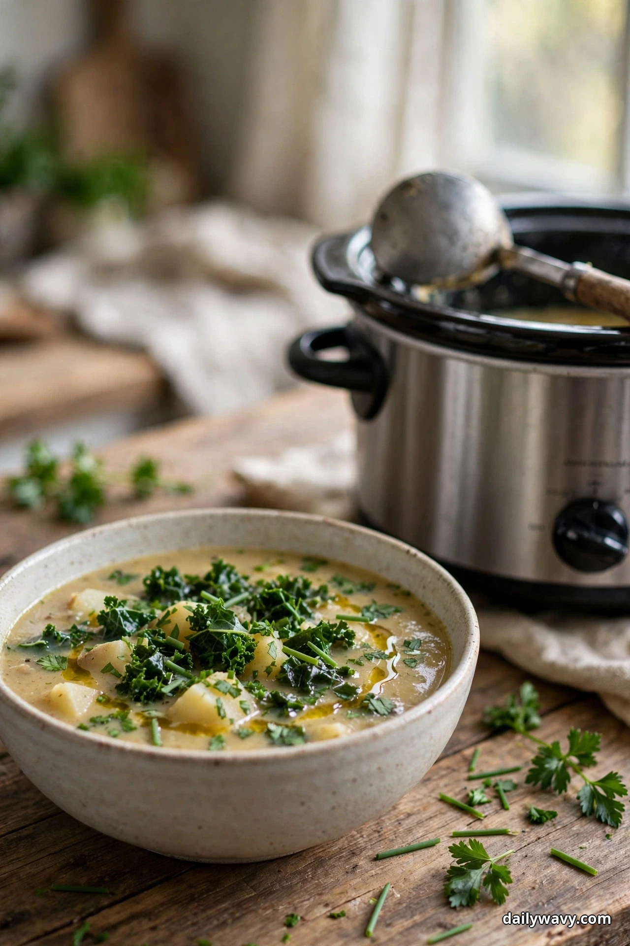 A bowl of chunky potato soup with chopped kale, parsley and chives sits on a wooden table in front of a slow cooker with a ladle resting on its rim