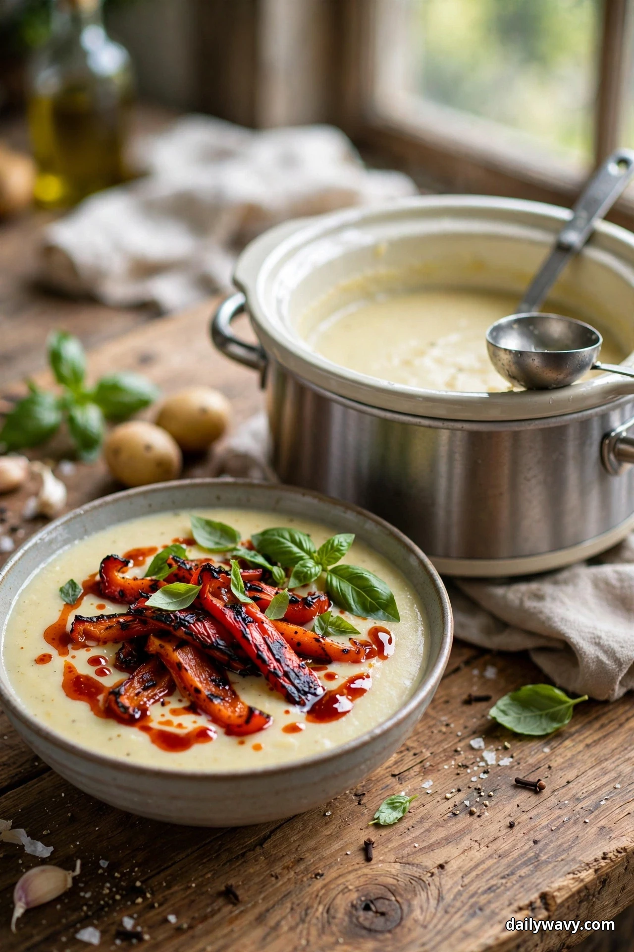 A bowl of creamy potato soup topped with charred roasted red pepper strips and fresh basil leaves sits on a wooden table in front of a slow cooker