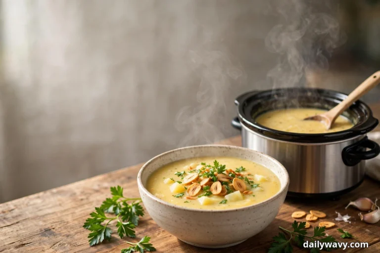 A steaming bowl of creamy potato soup topped with golden garlic chips and chopped parsley sits on a wooden table in front of a slow cooker with a wooden spoon resting inside