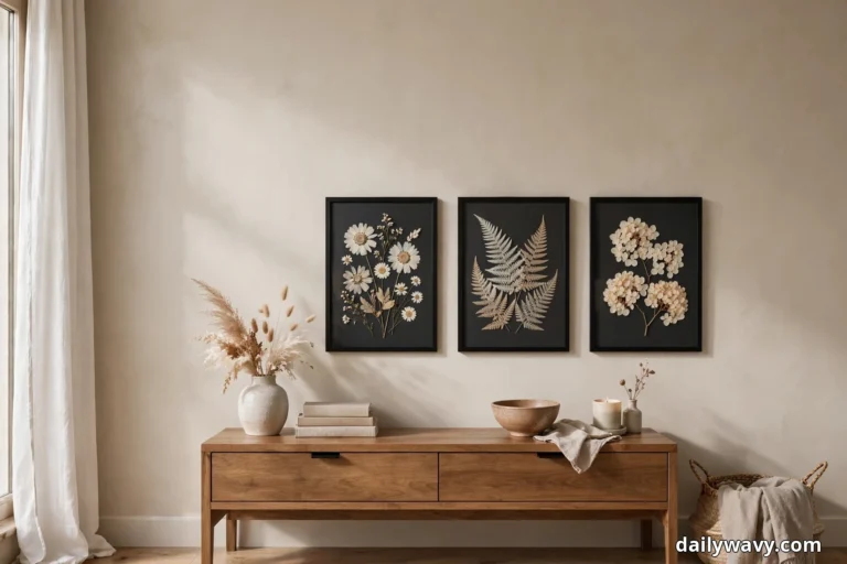Three black frames of pressed white daisies, bleached fern fronds and cream hydrangea clusters on charcoal backing hang in a row above a wooden console