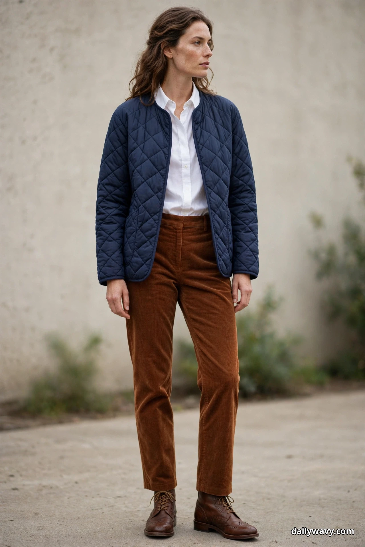 A woman wearing a navy diamond-quilted collarless jacket over a white button-down shirt with rust-brown corduroy trousers and brown leather lace-up brogue boots stands full length against a plain wall