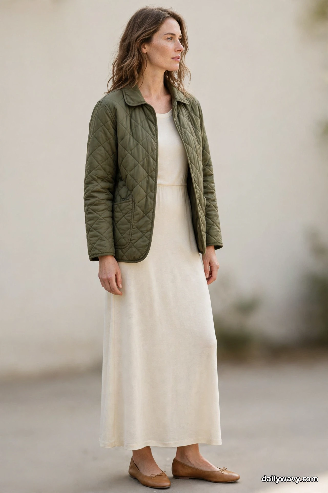 A woman wearing an olive diamond-quilted jacket over a plain cream maxi dress with tan leather ballet flats stands full length against a plain wall