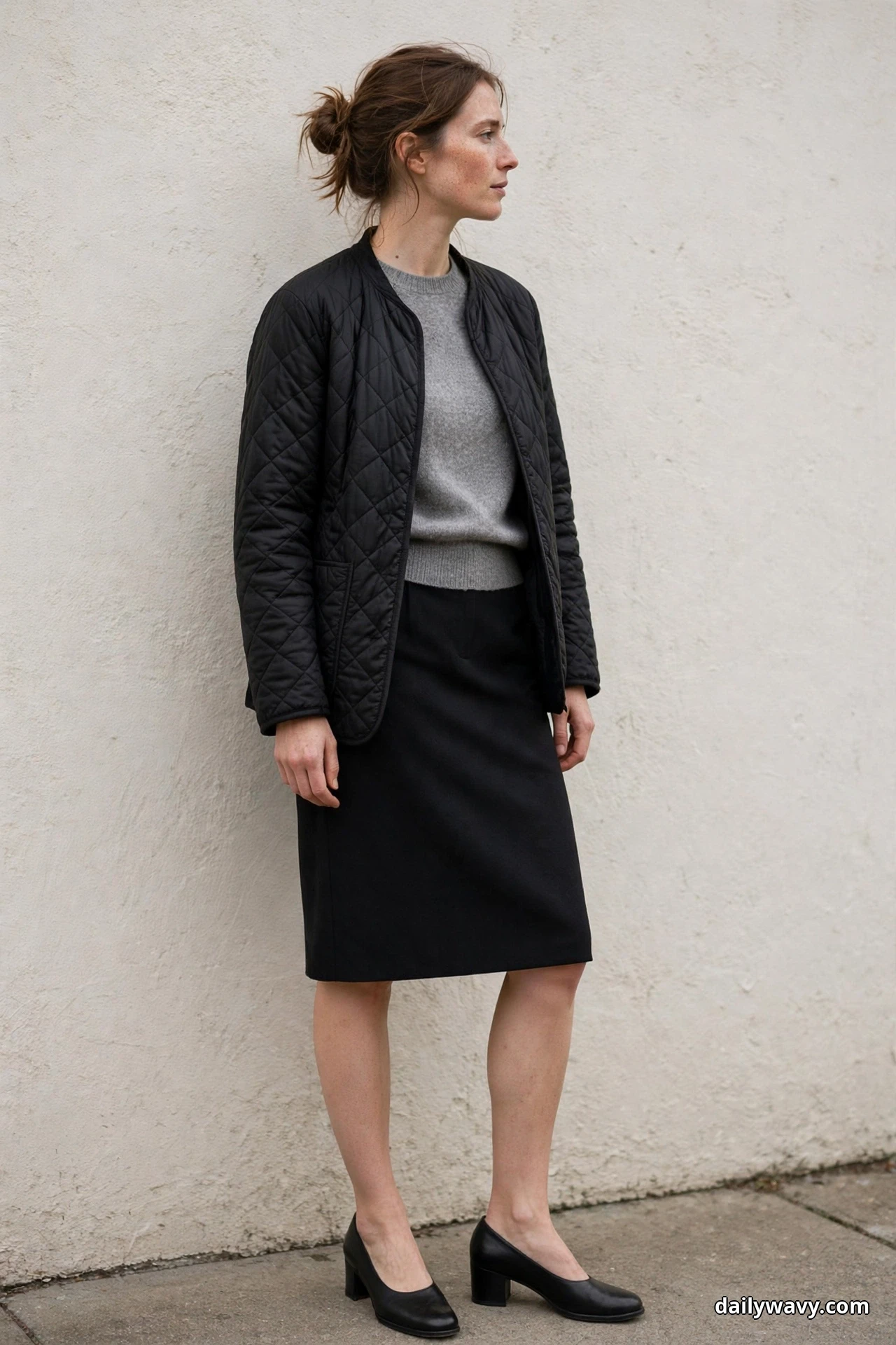 A woman wearing a black diamond-quilted jacket over a gray crew-neck sweater with a black straight skirt and black low block-heel pumps stands full length against a textured wall