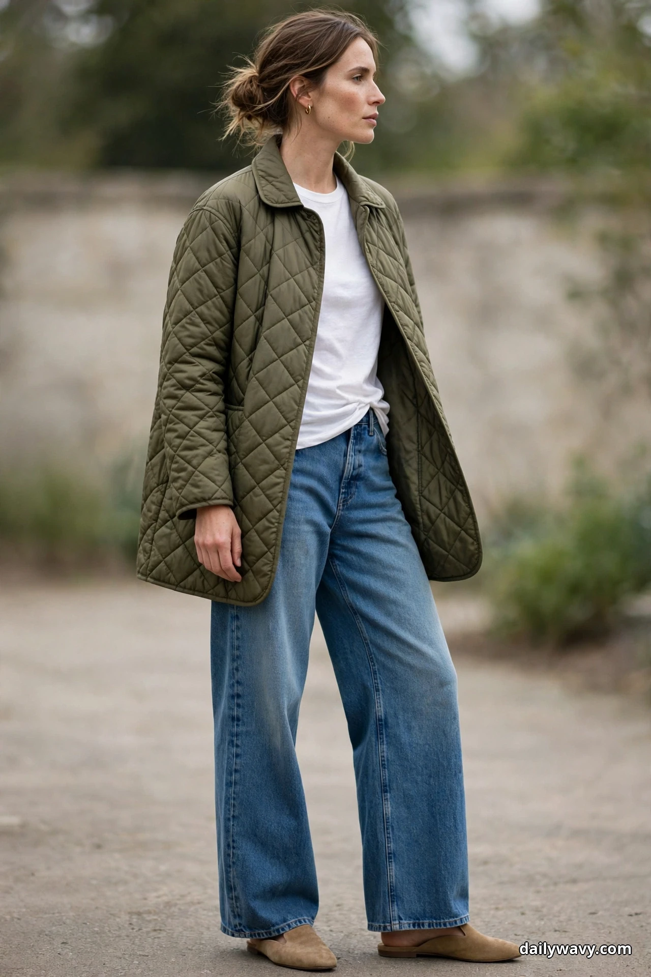 A woman wearing a long olive diamond-quilted jacket over a white tee with wide-leg jeans and tan suede flat mules stands full length outdoors